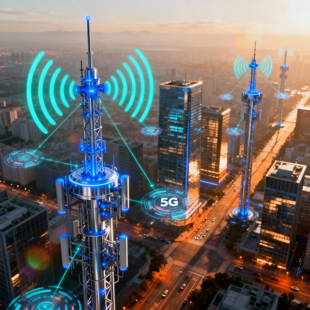 wireless-communication-with-5G-towers-and-city-aerial-view